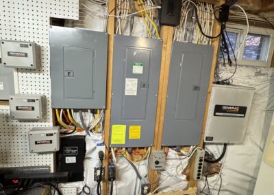 Electrical panels and wiring in a basement, mounted on a wooden frame. A wine rack filled with bottles is visible below the panels.